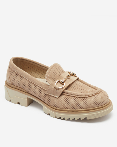 Royalfashion Jasnobrązowe ażurowe damskie mokasyny z łańcuszkiem Imerila