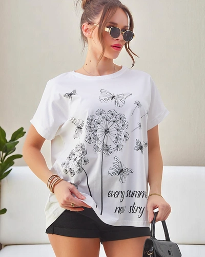Royalfashion Ženska bombažna majica z regratovimi cvetovi in metuljem