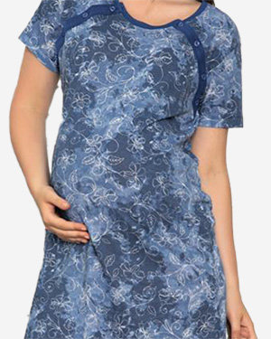 Granatowa koszula nocna ciążowa i do karmienia w kwiaty - Odzież