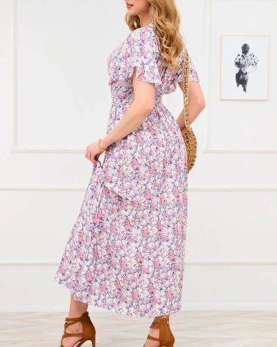 Royalfashion Fioletowa damska sukienka maxi w kwiaty