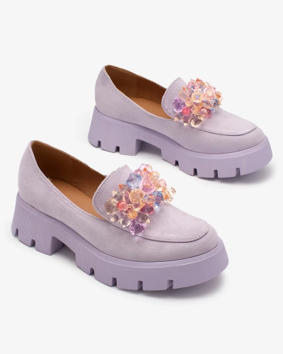 OUTLET Royalfashion Fioletowe damskie mokasyny z kolorowymi kryształkami Crystal Glam