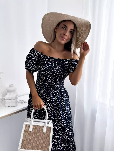 Royalfashion Granatowa sukienka damska maxi w groszki