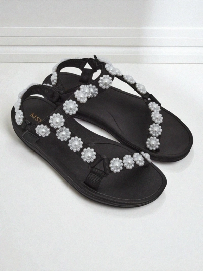 Ženski sandali Royalfashion Perseida črni na platformi z biseri