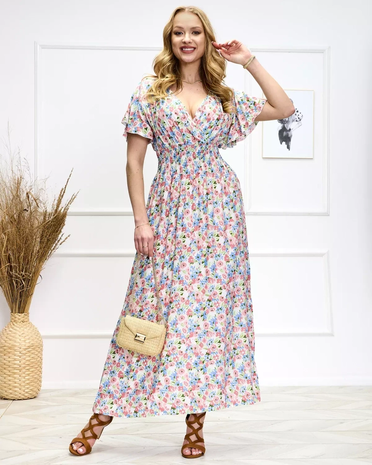 Royalfashion Różowo-zielona damska kwiecista sukienka midi