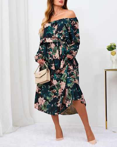 Royalfashion Črno-zelena cvetlična maksi obleka za ženske