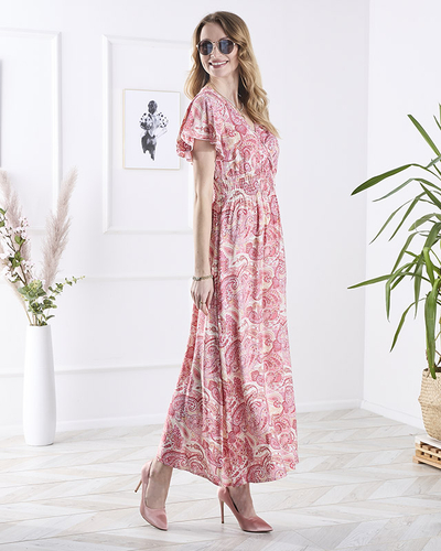 Royalfashion Wzorzysta różowa damska sukienka midi